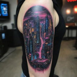 A vibrant and detailed cyberpunk tattoo. It features futuristic cityscapes with neon lights, high-tech circuitry merging with human elements, and iconic cybernetic enhancements against a backdrop of a dystopian skyline.