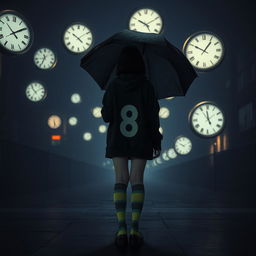 A melancholic dark scene illuminated by soft night lights, featuring several floating clocks in the background