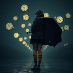 A melancholic dark scene illuminated by soft night lights, featuring several floating clocks in the background