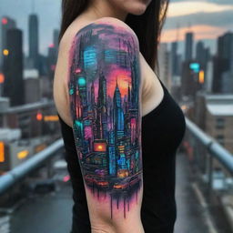 A vibrant and detailed cyberpunk tattoo. It features futuristic cityscapes with neon lights, high-tech circuitry merging with human elements, and iconic cybernetic enhancements against a backdrop of a dystopian skyline.