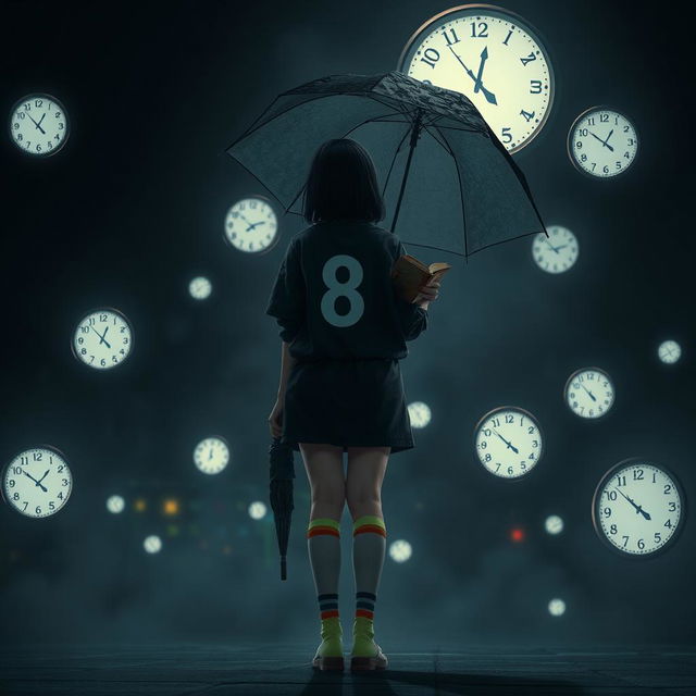 A melancholic dark scene illuminated by soft night lights, featuring several floating clocks scattered around