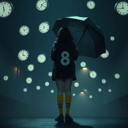 A melancholic dark scene illuminated by soft night lights, featuring several floating clocks scattered around