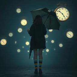 A melancholic dark scene illuminated by soft night lights, featuring several floating clocks scattered around