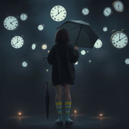 A melancholic dark scene illuminated by soft night lights, featuring several floating clocks scattered around