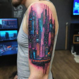 A vibrant and detailed cyberpunk tattoo. It features futuristic cityscapes with neon lights, high-tech circuitry merging with human elements, and iconic cybernetic enhancements against a backdrop of a dystopian skyline.