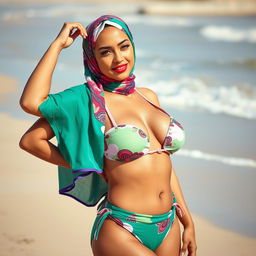 A stunning Arab woman with big hips and an alluring figure, elegantly wearing a colorful hijab that contrasts beautifully with her stylish bikini