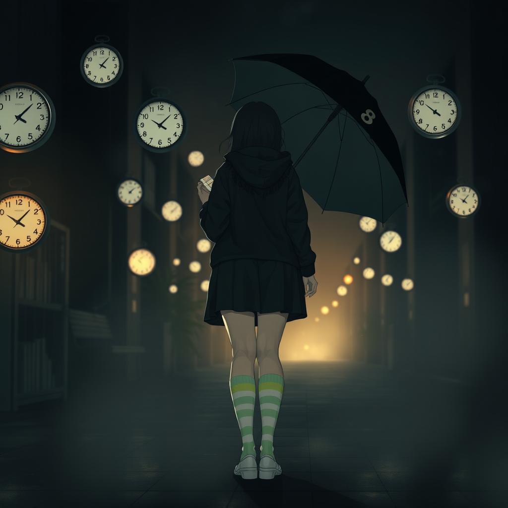 A melancholic dark scene illuminated by soft night lights, featuring several floating clocks scattered throughout