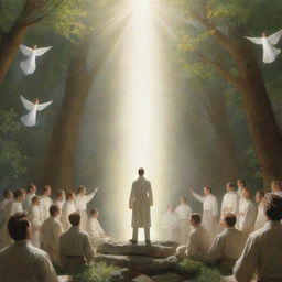 Depiction of Joseph Smith's divine vision where he sees God and Jesus Christ. They appear to him, surrounded by heavenly light, their divine forms conveying a message of faith and revelation.