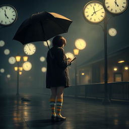 A melancholic dark scene illuminated by soft night lights, featuring several floating clocks scattered throughout