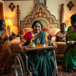 An Indian woman in a wheelchair, gracefully holding a tray with a beautifully crafted snake statue, a small bottle of oil, and a clear plastic tube, situated within a traditional Indian home