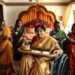 An Indian woman in a wheelchair, gracefully holding a tray with a beautifully crafted snake statue, a small bottle of oil, and a clear plastic tube, situated within a traditional Indian home