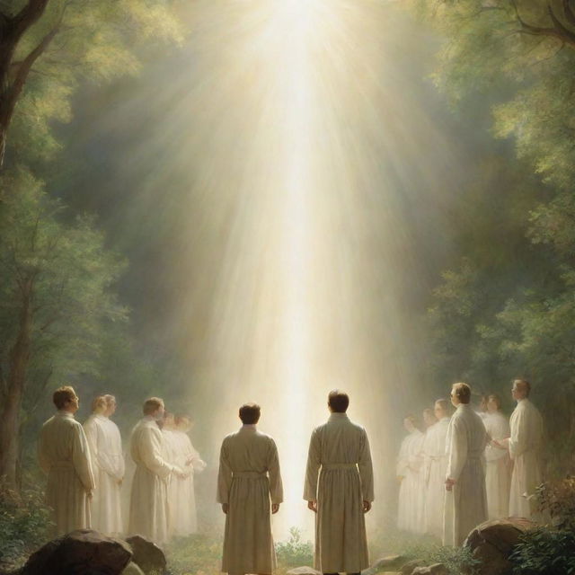 Depiction of Joseph Smith's divine vision where he sees God and Jesus Christ. They appear to him, surrounded by heavenly light, their divine forms conveying a message of faith and revelation.