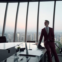 A successful businessman in a modern office, looking confident and content, surrounded by high-tech gadgets, with city skyline views through large windows.