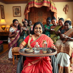 An Indian woman in a wheelchair, gracefully holding a tray with a beautifully crafted snake statue, a small bottle of oil, and a clear plastic tube, situated within a traditional Indian home