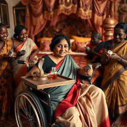 An Indian woman in a wheelchair, gracefully holding a tray with a beautifully crafted snake statue, a small bottle of oil, and a clear plastic tube, situated within a traditional Indian home