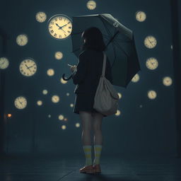 A melancholic dark scene illuminated by soft night lights, featuring several floating clocks scattered throughout the environment