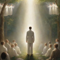 Depiction of Joseph Smith's divine vision where he sees God and Jesus Christ. They appear to him, surrounded by heavenly light, their divine forms conveying a message of faith and revelation.