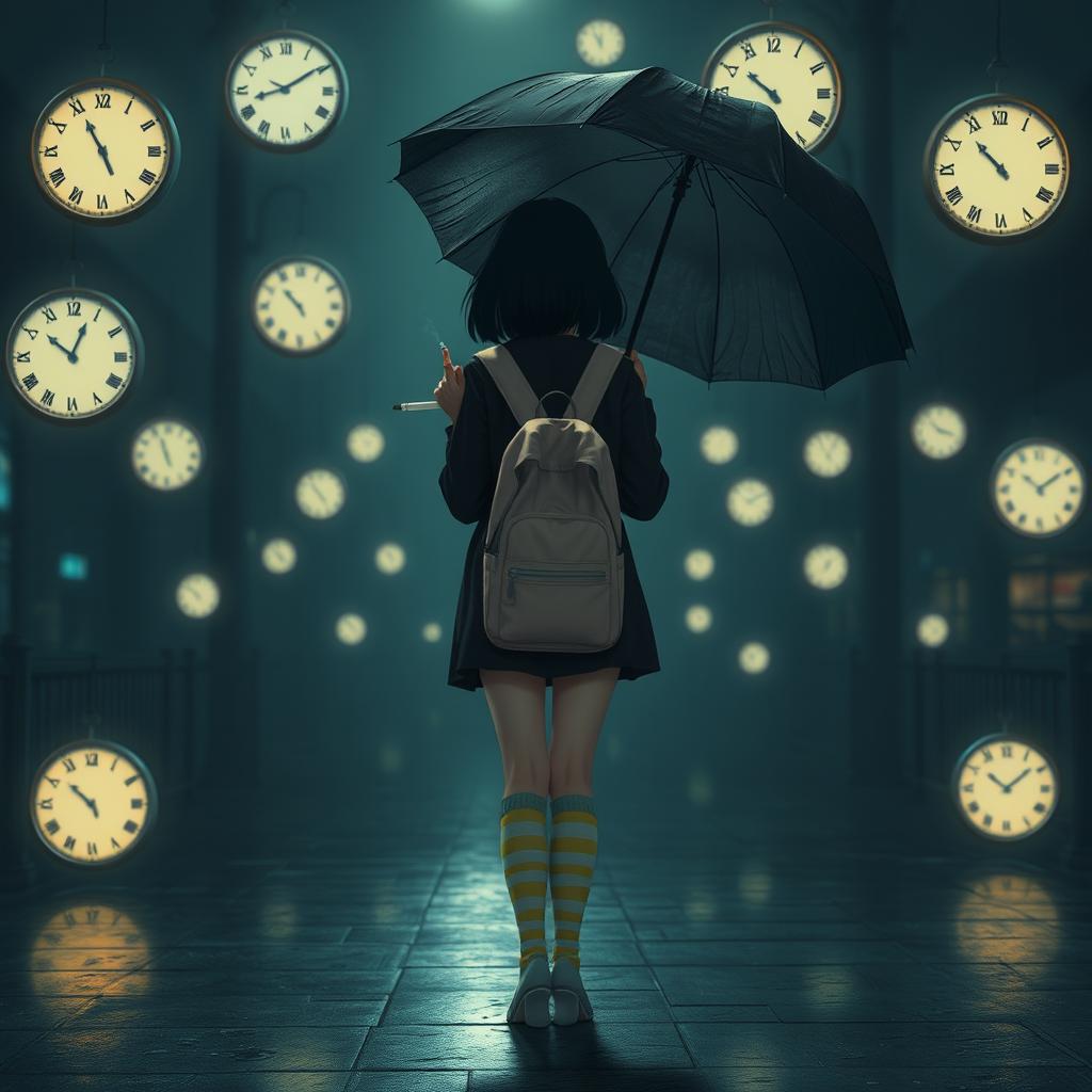 A melancholic dark scene illuminated by soft night lights, featuring several floating clocks scattered throughout the environment