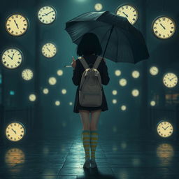 A melancholic dark scene illuminated by soft night lights, featuring several floating clocks scattered throughout the environment