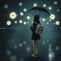 A melancholic dark scene illuminated by soft night lights, featuring several floating clocks scattered throughout the environment