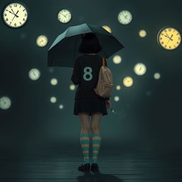 A melancholic dark scene illuminated by soft night lights, featuring several floating clocks scattered throughout the environment