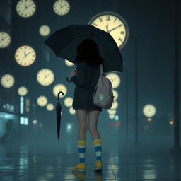 A melancholic dark scene illuminated by soft night lights, featuring several floating clocks in the background