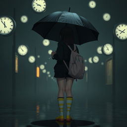 A melancholic dark scene illuminated by soft night lights, featuring several floating clocks in the background