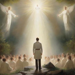 Depiction of Joseph Smith's divine vision where he sees God and Jesus Christ. They appear to him, surrounded by heavenly light, their divine forms conveying a message of faith and revelation.