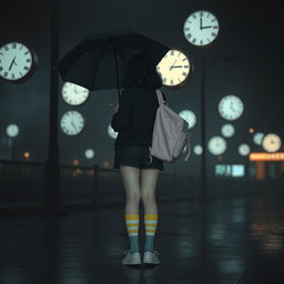 A melancholic dark scene illuminated by soft night lights, featuring several floating clocks in the background