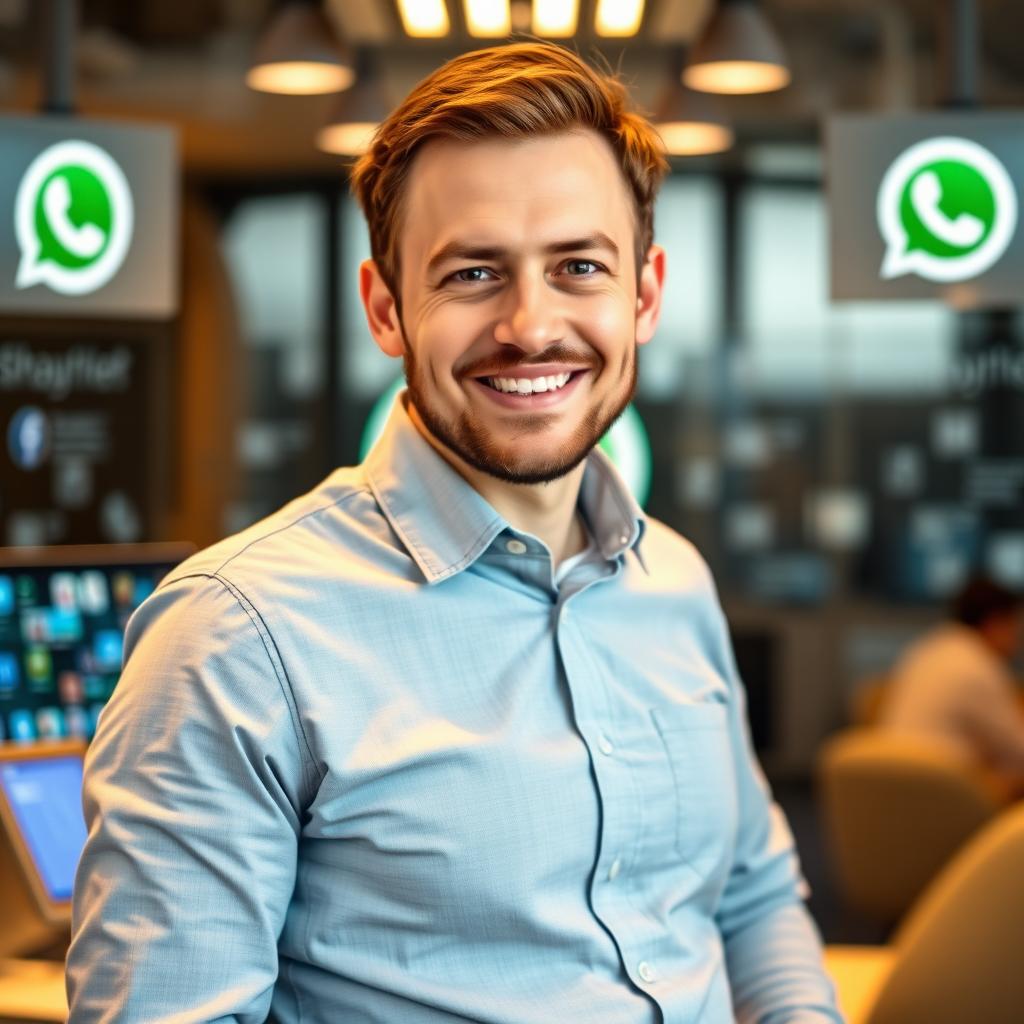 A professional portrait of Will Cathcart, the CEO of WhatsApp, in an innovative tech environment