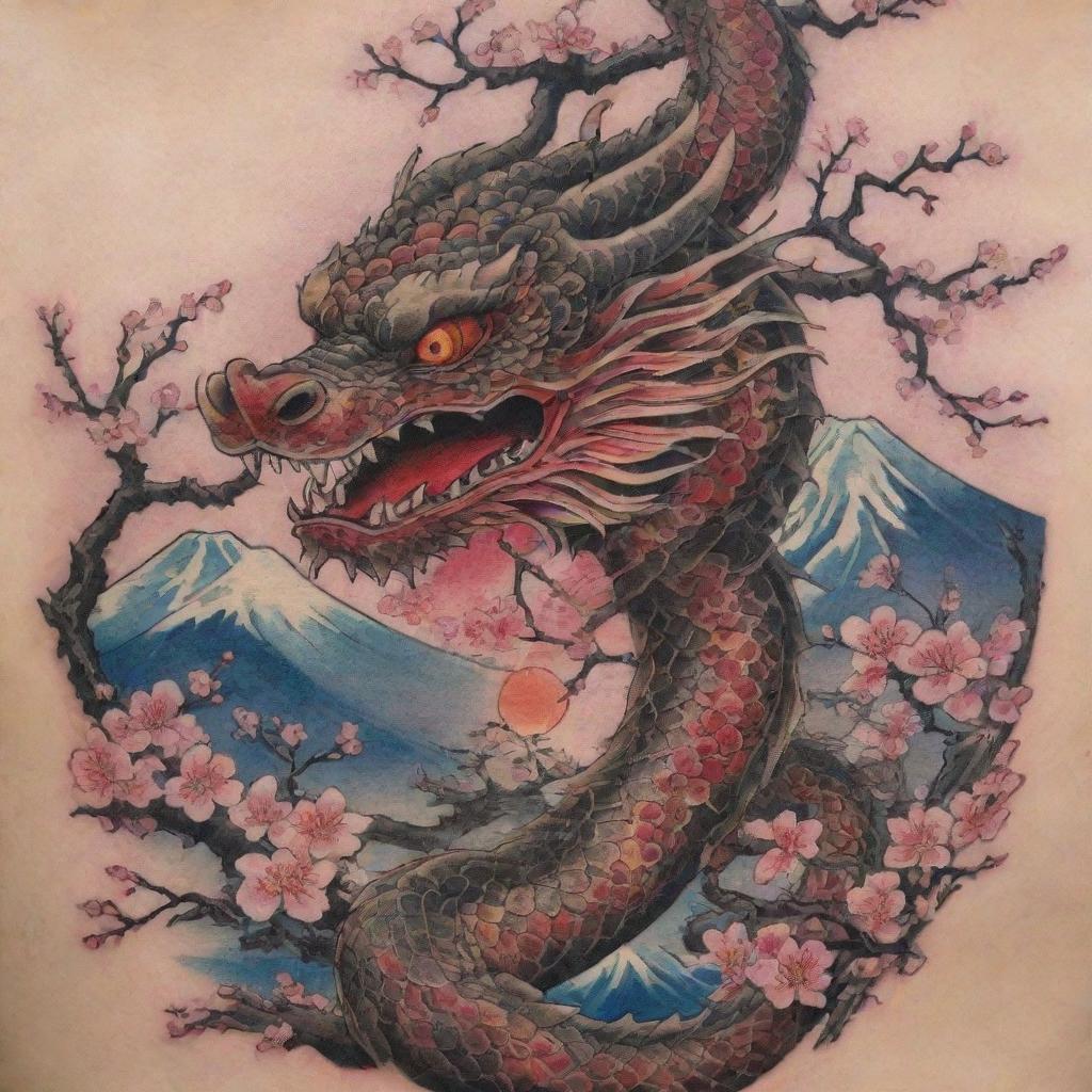 A traditional Japanese-style tattoo, featuring a vibrant and majestic dragon writhing amongst cherry blossom branches, with Mount Fuji as a backdrop. The image exhibits the bold lines, intricate details, and rich color palette typical of Irezumi.