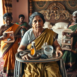 A concerned Indian woman in a wheelchair, delicately holding a tray featuring a detailed snake statue, a small bottle of oil, and a hollow wide plastic tube