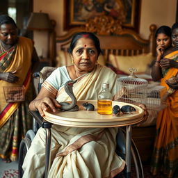 A concerned Indian woman in a wheelchair, delicately holding a tray featuring a detailed snake statue, a small bottle of oil, and a hollow wide plastic tube