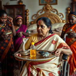 A concerned Indian woman in a wheelchair, delicately holding a tray featuring a detailed snake statue, a small bottle of oil, and a hollow wide plastic tube