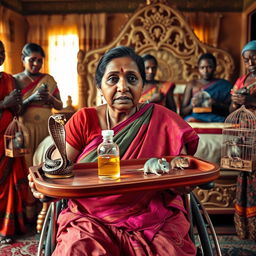 A concerned Indian woman in a wheelchair, delicately holding a tray featuring a detailed snake statue, a small bottle of oil, and a hollow wide plastic tube