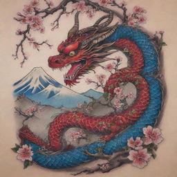 A traditional Japanese-style tattoo, featuring a vibrant and majestic dragon writhing amongst cherry blossom branches, with Mount Fuji as a backdrop. The image exhibits the bold lines, intricate details, and rich color palette typical of Irezumi.