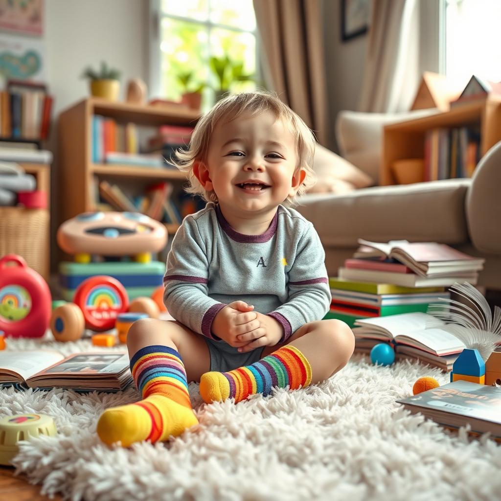 A whimsical, colorful scene featuring a playful child wearing vibrant socks, sitting on a fluffy rug in a cozy living room