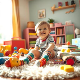 A whimsical, colorful scene featuring a playful child wearing vibrant socks, sitting on a fluffy rug in a cozy living room