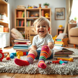 A whimsical, colorful scene featuring a playful child wearing vibrant socks, sitting on a fluffy rug in a cozy living room