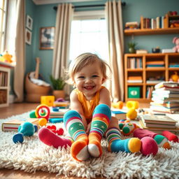 A whimsical, colorful scene featuring a playful child wearing vibrant socks, sitting on a fluffy rug in a cozy living room