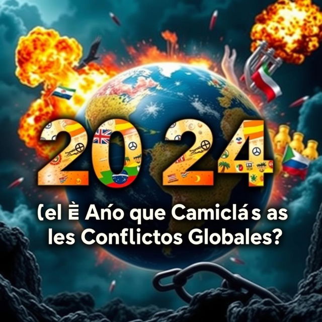 A visually captivating YouTube thumbnail for a video titled "2024: ¿El Año que Cambió el Mundo? 🌍💥 La Verdad Detrás de los Conflictos Globales"