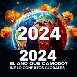 A visually captivating YouTube thumbnail for a video titled "2024: ¿El Año que Cambió el Mundo? 🌍💥 La Verdad Detrás de los Conflictos Globales"