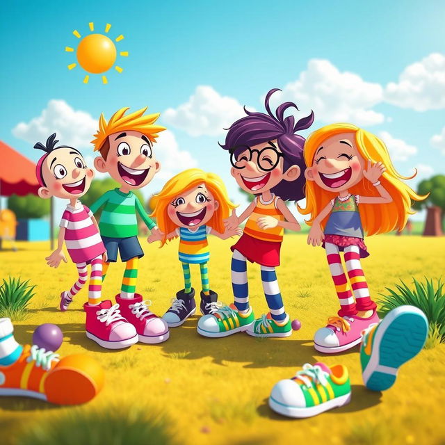 A whimsical, colorful scene featuring playful cartoon-like characters, with a focus on exaggerated, oversized features including feet and footwear