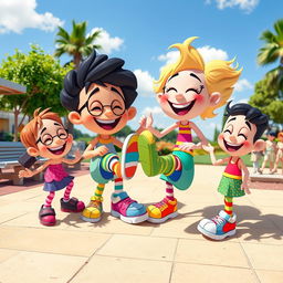 A whimsical, colorful scene featuring playful cartoon-like characters, with a focus on exaggerated, oversized features including feet and footwear