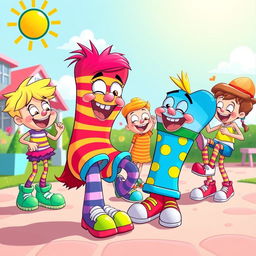 A whimsical, colorful scene featuring playful cartoon-like characters, with a focus on exaggerated, oversized features including feet and footwear