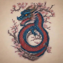 A traditional Japanese-style tattoo, featuring a vibrant and majestic dragon writhing amongst cherry blossom branches, with Mount Fuji as a backdrop. The image exhibits the bold lines, intricate details, and rich color palette typical of Irezumi.