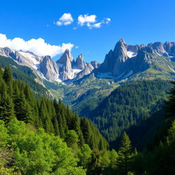 A breathtaking landscape featuring towering mountains in the background, surrounded by lush green trees in various shades of emerald and olive