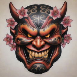 A traditional Japanese tattoo showing a fierce Oni mask, with glaring eyes and fanged mouth. Around it are sakura blossoms, illustrating a harmony of ferocity and beauty. The style showcases rich colors, strong black outlines, and intricate detail associated with Irezumi.