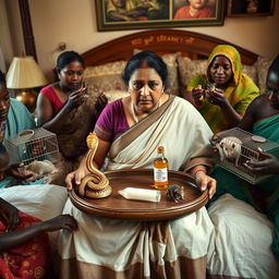 A concerned Indian woman seated on a very large bed, holding a tray that features a small, intricately designed snake statue, a bottle of oil, and a hollow wide plastic tube