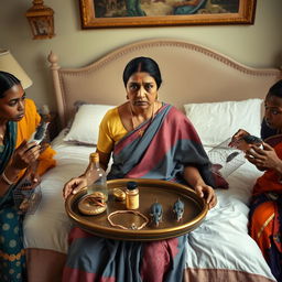 A concerned Indian woman seated on a very large bed, holding a tray that features a small, intricately designed snake statue, a bottle of oil, and a hollow wide plastic tube